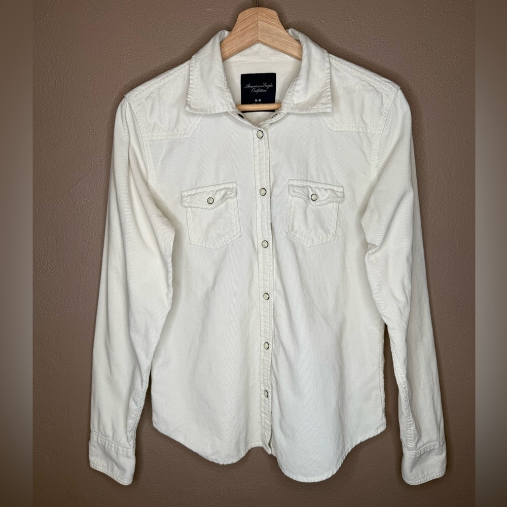 American Eagle Corduroy Off White Button Down Y2K Baddie Cabincore Size Medium